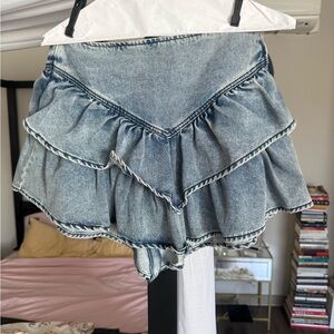 Denim Ruffle Mini Skirt - Light Blue